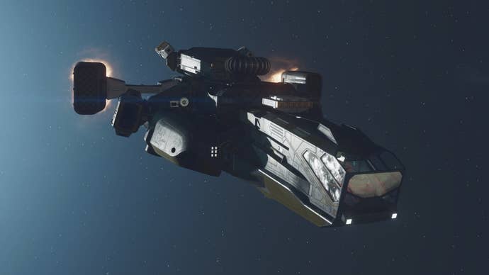 Starfield image showing the Razor Leaf ship flying in space.