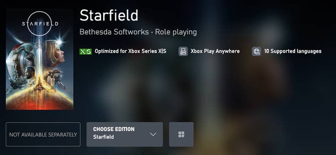 A clip from the store page of Starfield, showing the Xbox Play Anywhere logo beneath the description of the game.