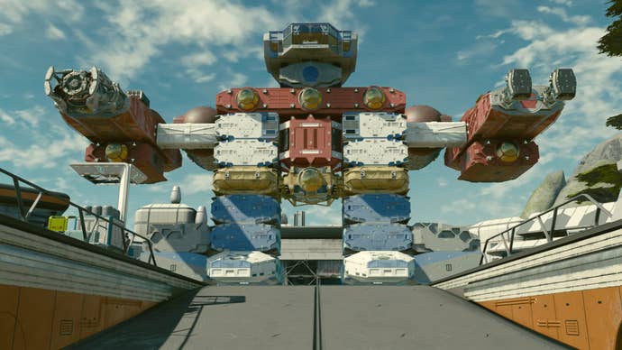 A mech-shaped ship constructed with Starfield’s ship builder.