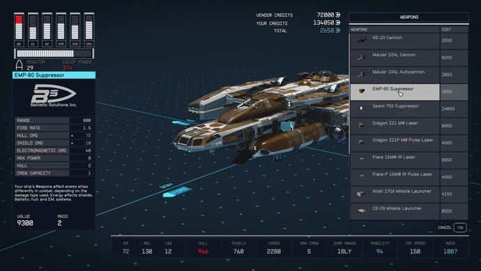 A screen showing the shipbuilder in Starfield, where you can purchase new modules for your ship.