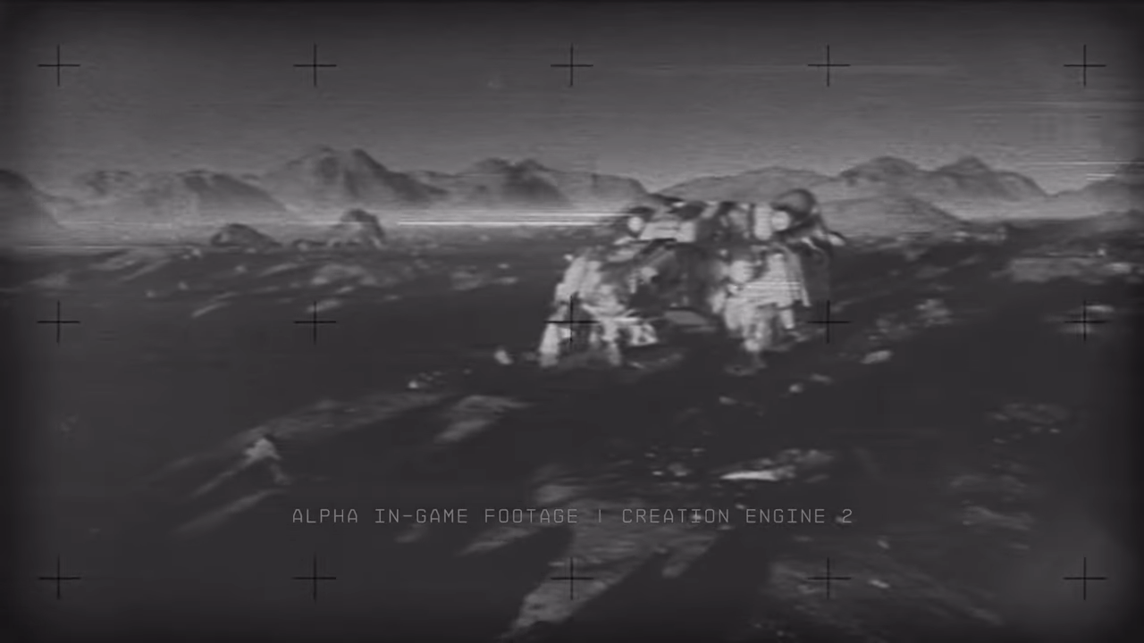 Starfield trailer screenshot showing a black-and-white image of a planet with black crosshairs over it