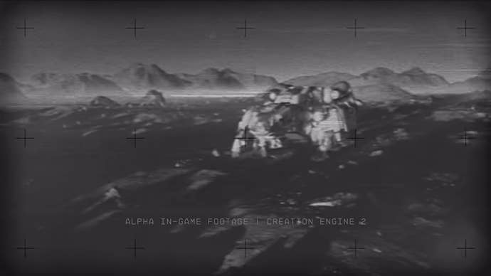 Starfield trailer screenshot showing a black-and-white image of a planet with black crosshairs over it
