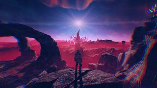 Starfield Shattered Space screenshot showing person in spacesuit on red and blue glowing planet with strange light