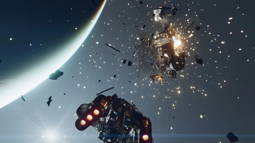 A ship being destroyed near a planet in Starfield.