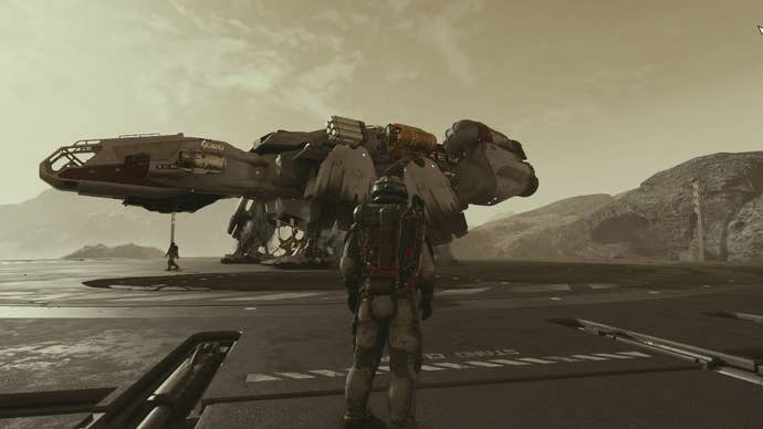 A Starfield character boards the Frontier, the first free ship players encounter in Starfield.