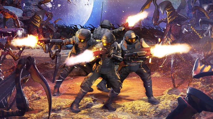 Key art from Starship Troopers Extermination showing Deep Space Vanguard troops encircled by alien bugs