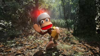 Screenshot from State of Play showing an Ape Escape monkey slapping its bottom in a trailer for Metal Gear Solid Delta