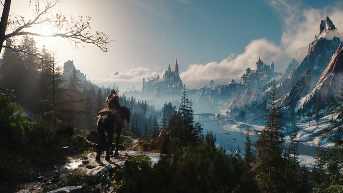 A Captura de demonstração de tecnologia de Witcher 4, mostrando Ciri a cavalo, olhando para montanhas e a cidade cobertas de neve à distância