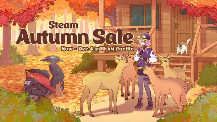 Steam Autumn sale header image showing a cosy cabin scene with fallen leaves and wildlife surrounding a young girl