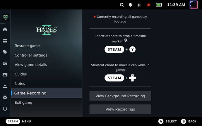 The updated Steam Game Recording menu that appears in the Steam Deck’s overlay menu, showing the shortcuts for dropping a timeline and instant clipping.