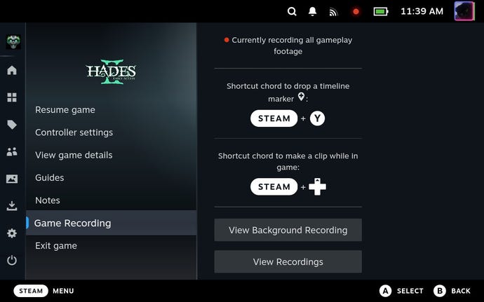 The updated Steam Game Recording menu that appears in the Steam Deck’s overlay menu, showing the shortcuts for dropping a timeline and instant clipping.