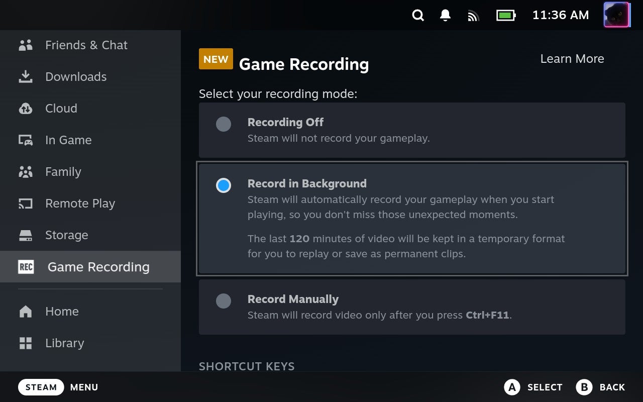 The updated Steam Game Recording menu on the Steam Deck. - 4
