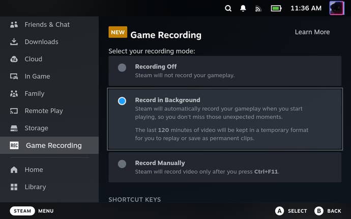 The updated Steam Game Recording menu on the Steam Deck.