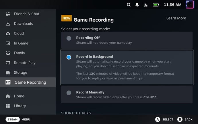 The updated Steam Game Recording menu on the Steam Deck.