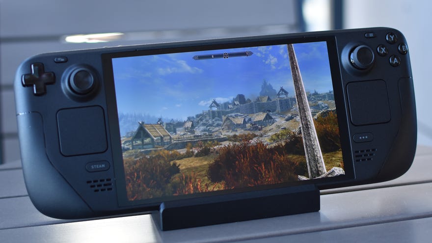 A Steam Deck OLED running Skyrim.