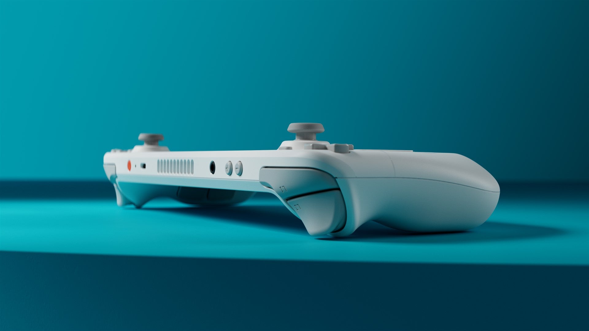 A rear view of the Steam Deck OLED Limited Edition White, showing its light grey shoulder buttons. - 3