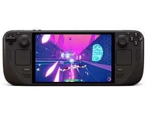 A Steam Deck OLED against a achromatic  background.