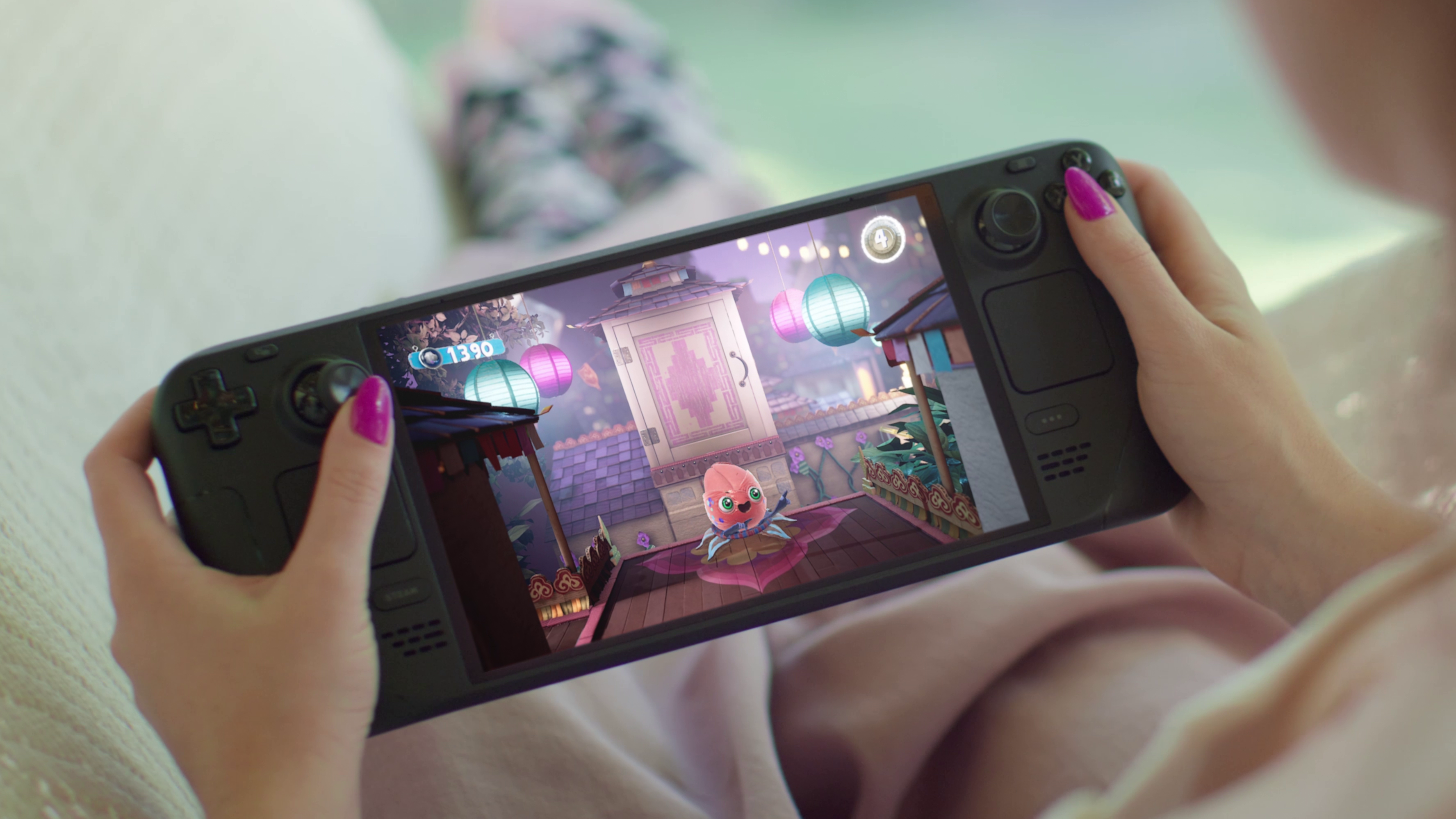 Sackboy: A Big Adventure being played on a Steam Deck OLED.