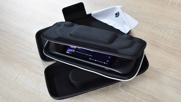 A Steam Deck inside the multi-layed case that Valve bundles with 1TB Steam Deck OLEDs.