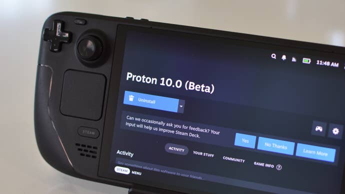 A Steam Deck OLED showing the installation leafage for the Proton 10.0 beta.