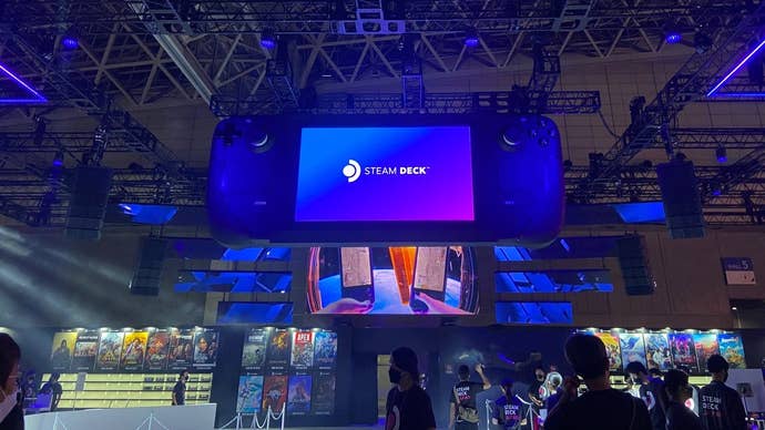 A giant Steam Deck hangs over Valve’s Tokyo Game Show booth.