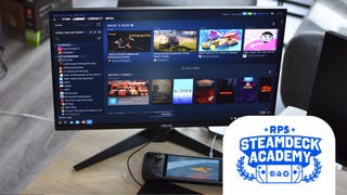 The Steam Deck connected to a monitor, acting as a desktop PC. The RPS Steam Deck Academy logo is added in the bottom right corner.