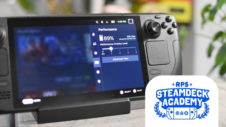 A Steam Deck OLED showing its performance settings menu and remaining battery. The RPS Steam Deck Academy logo is added in the bottom right corner.