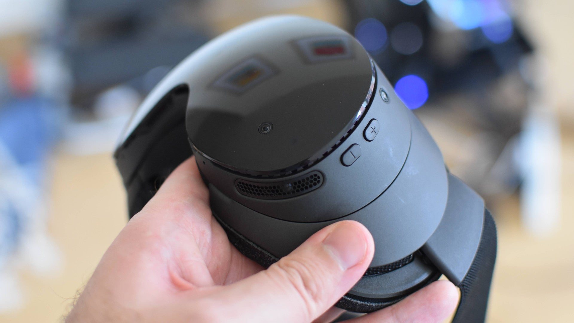 A closeup of the volume buttons on the Steam Frame headset.