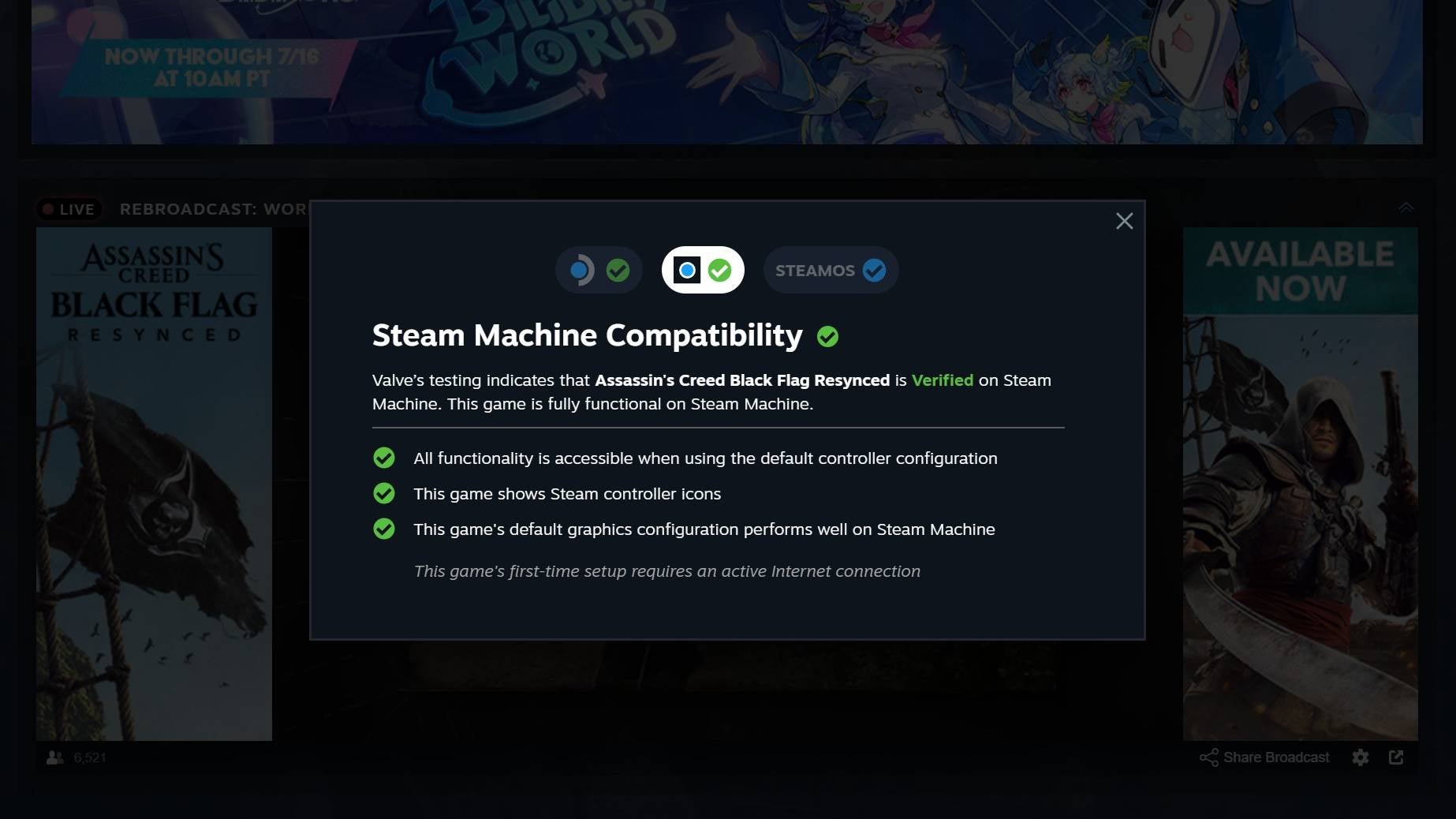 A screenshot of the Steam Machine Verified report for Assassin's Creed Flag Resynced on its Steam store page.