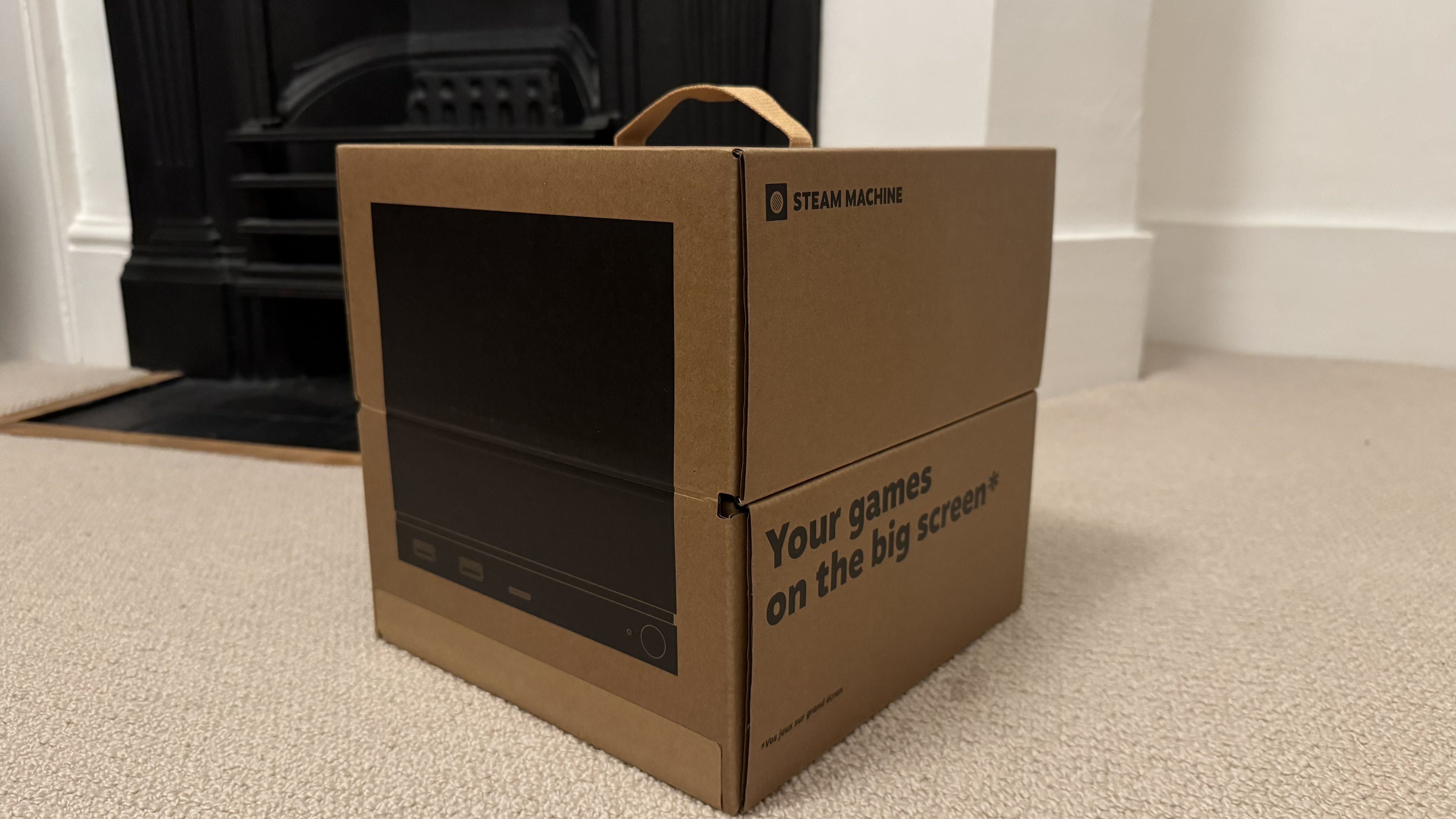 Photograph of the Steam Machine in its cube-shaped box