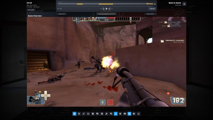 Step 4 of how to use Steam Game recording on demand: While playing, press your Start Recording shortcut to begin capturing footage, and press the same shortcut again to end the clip. These can be watched back before saving by clicking on the yellow bars in the overlay timeline.