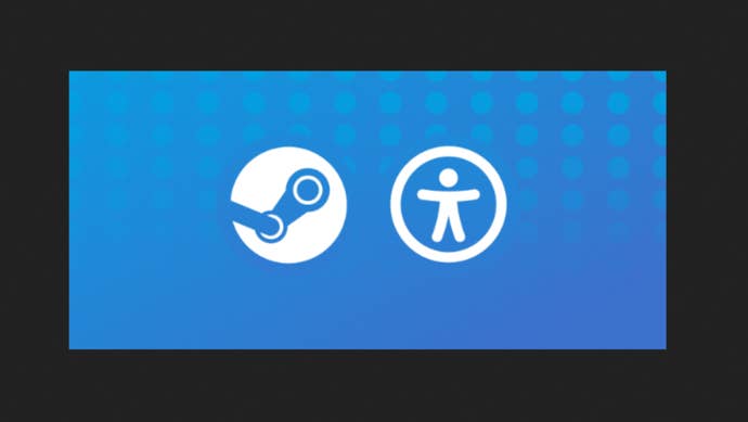 Logos for Steam and their caller accessibility features, printed successful achromatic connected a patterned bluish inheritance with a acheronian margin.