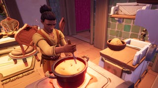 Male cartoon Palia character stirs a pot of liquid in a kitchen environment