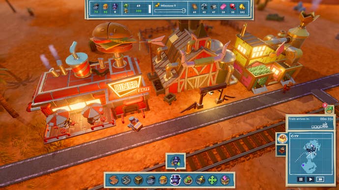 A close-up shot of the burger shop and ranch in SteamWorld Build