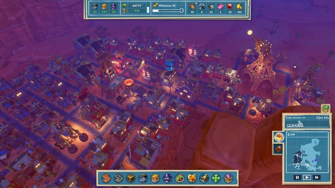 A top down view of the night time dunes map in SteamWorld Build