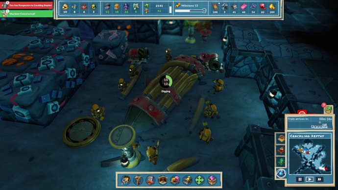 Robot miners dig out a rocket underground in SteamWorld Build