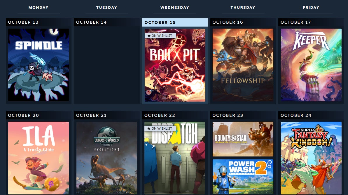 A promotional representation  for a caller   calendar diagnostic   connected  Steam, with crippled  boxart arranged Monday to Friday.