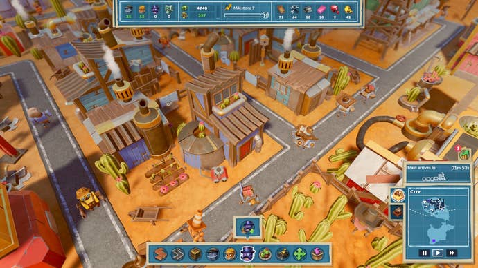 Robots walk along paved streets in SteamWorld Build