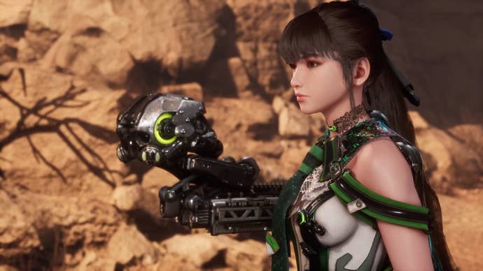 Stellar Blade screenshot showing main character female android Eve with a flying robot gun