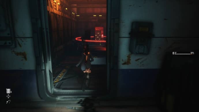 Eve from Stellar Blade looking at a Camp in the Abyss Levoire area.