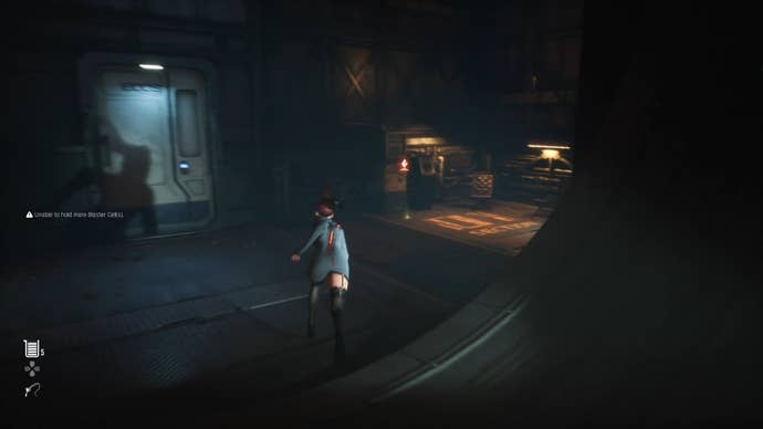 Eve from Stellar Blade looking at a Camp in the Abyss Levoire area.