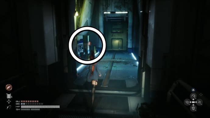 Eve from Stellar Blade looking at a Camp in the Abyss Levoire area.