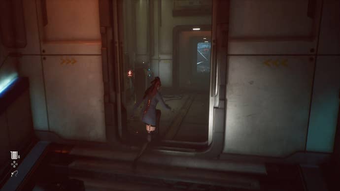 Eve from Stellar Blade looking at a Camp in the Abyss Levoire area.