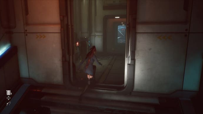 Eve from Stellar Blade looking at a Camp in the Abyss Levoire area.