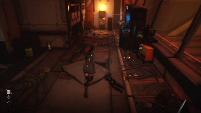 Eve from Stellar Blade looking at a Camp in the Abyss Levoire area.