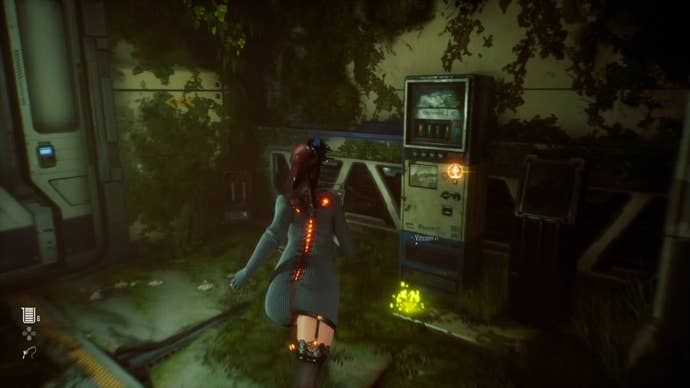 Eve from Stellar Blade looking at a Camp in the Abyss Levoire area.