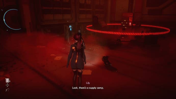 Eve from Stellar Blade looking at a Camp in the Abyss Levoire area.