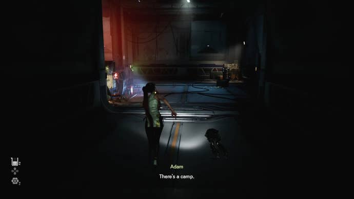 Eve from Stellar Blade looking at a Camp in the Altess Levoire Levoire area.