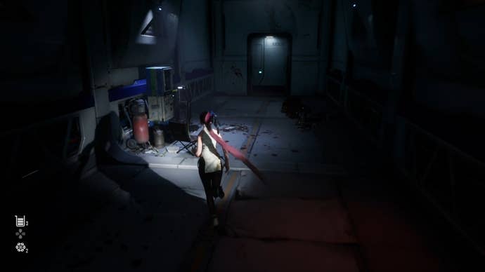 Eve from Stellar Blade looking at a Camp in the Altess Levoire Levoire area.