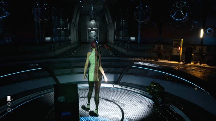 Eve from Stellar Blade looking at a Camp in the Altess Levoire Levoire area.